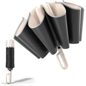 Inverted Travel Umbrella with Carabiner Handle, Ring Buckle Umbrella for Rain and UV Protection, Compact Reverse Umbrella with Reflective Strip for Women Men