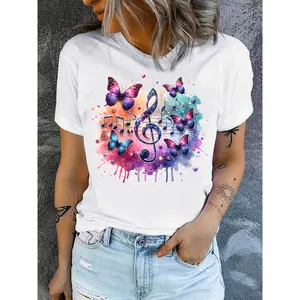 Vibrant Musical Note and Butterfly Print Casual Crew Neck T Shirt for Women