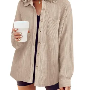 Waffle Button Down Shirts for Women Dressy Casual Work Shacket V Neck Long Sleeve Lightweight Tops with Pocket