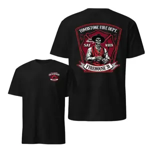 [Printed in the USA] Tombstone Fire Dept Firehouse 31 T-Shirt, Vintage Western Skeleton Cowboy Graphic Tee, Soft  Blend Streetwear, Gift For Firefighters And Western Fans