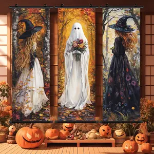 Halloween Themed Hanging Banner, Wall Hanging Backdrop, 3 Counts/set Ghost Witch Pattern Wall Decor, Wall Art for Home Living Room Bedroom Yard