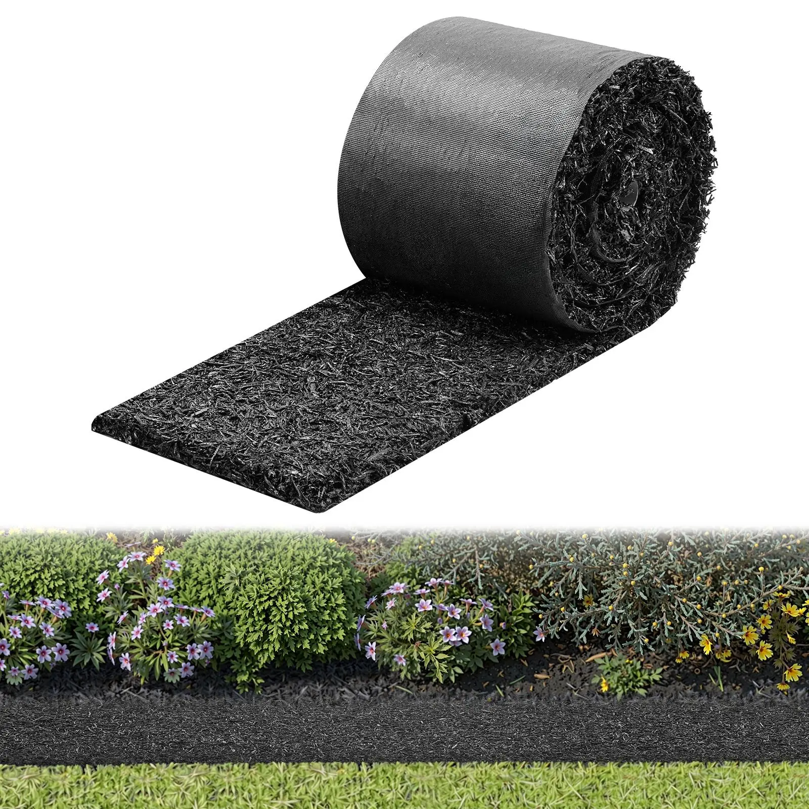 【SummerFinds】VEVOR Rubber Mulch Mat Roll, 140 x 4.5 in, Recycled Rubber Permanent Mulch Edging Border, Natural-Looking Flower Barrier with Stakes, 0.5 in Thick Cuttable Garden Edgings for Landscaping