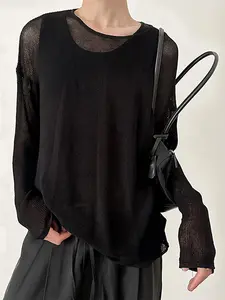 INCERUN Men's Simple Fashion Round Neck T-Shirt, Solid Color Hollow Out Knit Long Sleeve Top, Casual For Daily Wear Knitwear