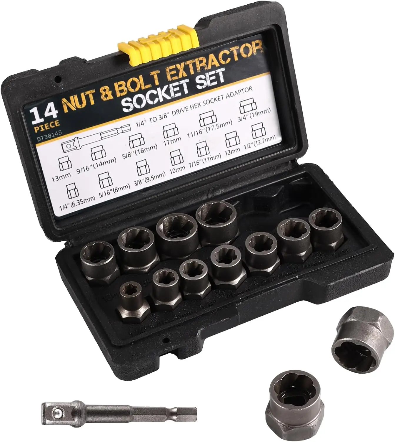 Nut & Bolt Extractor Socket Kit, Summer Impact Bolt& Nut Remover Set, Including 13 Nut Remover KitSet, 1/4" to 3/8" Drive Hex Socket Adapter & IronBar