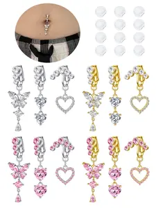 3Pcs Fake Belly Button Piercing for Women Dangle Butterfly Heart Clip on Belly Button Rings Silver Gold Pink Fake Belly Button Rings Non Piercing Belly Rings Stainless Steel Faux Navel Jewelry Body Jewelry Dangle Accents