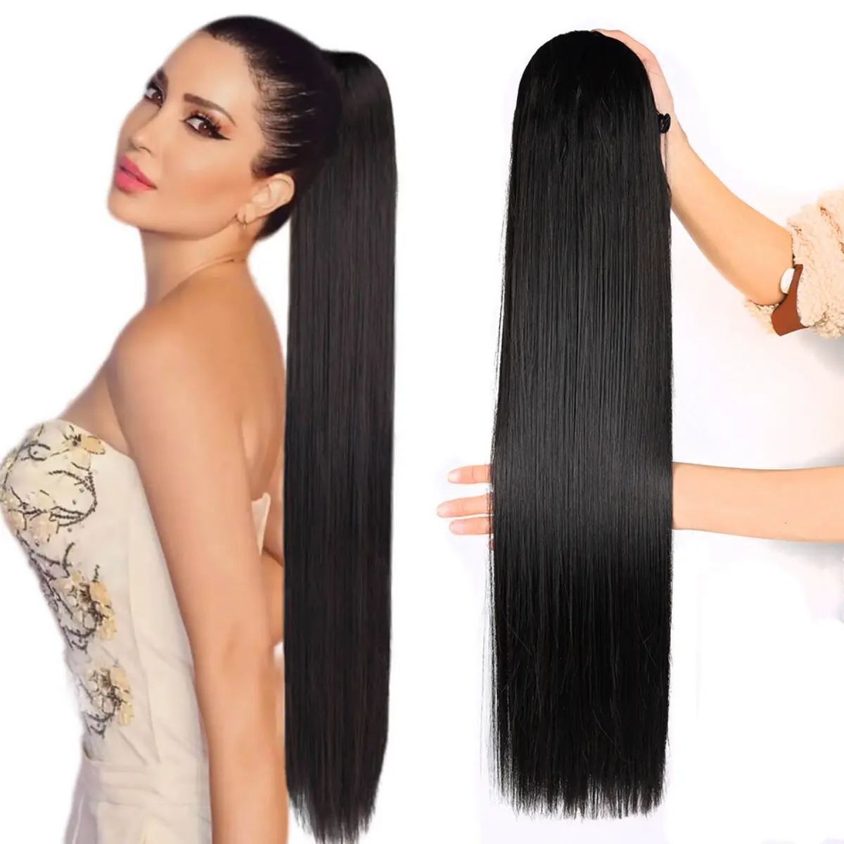 30 in Premium Synthetic Hair Ponytail Extension - Heat-Resistant, Long Straight, Silky Clip-In Hairpieces, Natural Soft Black Drawstring Hair Extensions, Silky Hair Extensions