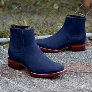 Nobuck Navy Blue Wide Square Toe Ankle Boot