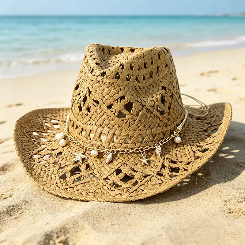 1pcs Unisex Conch Decor Cowboy Hat Hollow Printed Cowgirl Hat Casual Sun Hat Spring Summer Travel Shade Beach Hat Straw Hat Sun Visor Cap