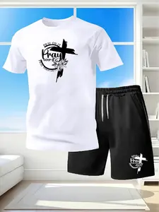 Men's Casual 2-Piece Set, 'pray over It' Cross Print T-Shirt + Loose Drawstring Shorts, Summer Comfortable Daily Wear