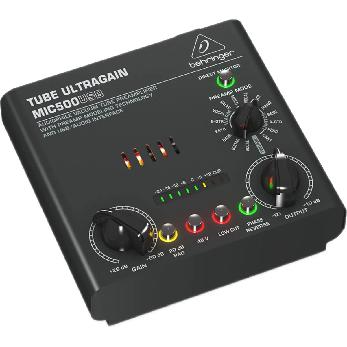Behringer TUBE ULTRAGAIN MIC500USB Vintage Durable Audiophile Vacuum Tube Preamplifier, Preamp Modeling Technology, USB-Audio Interface for Recording & Connection