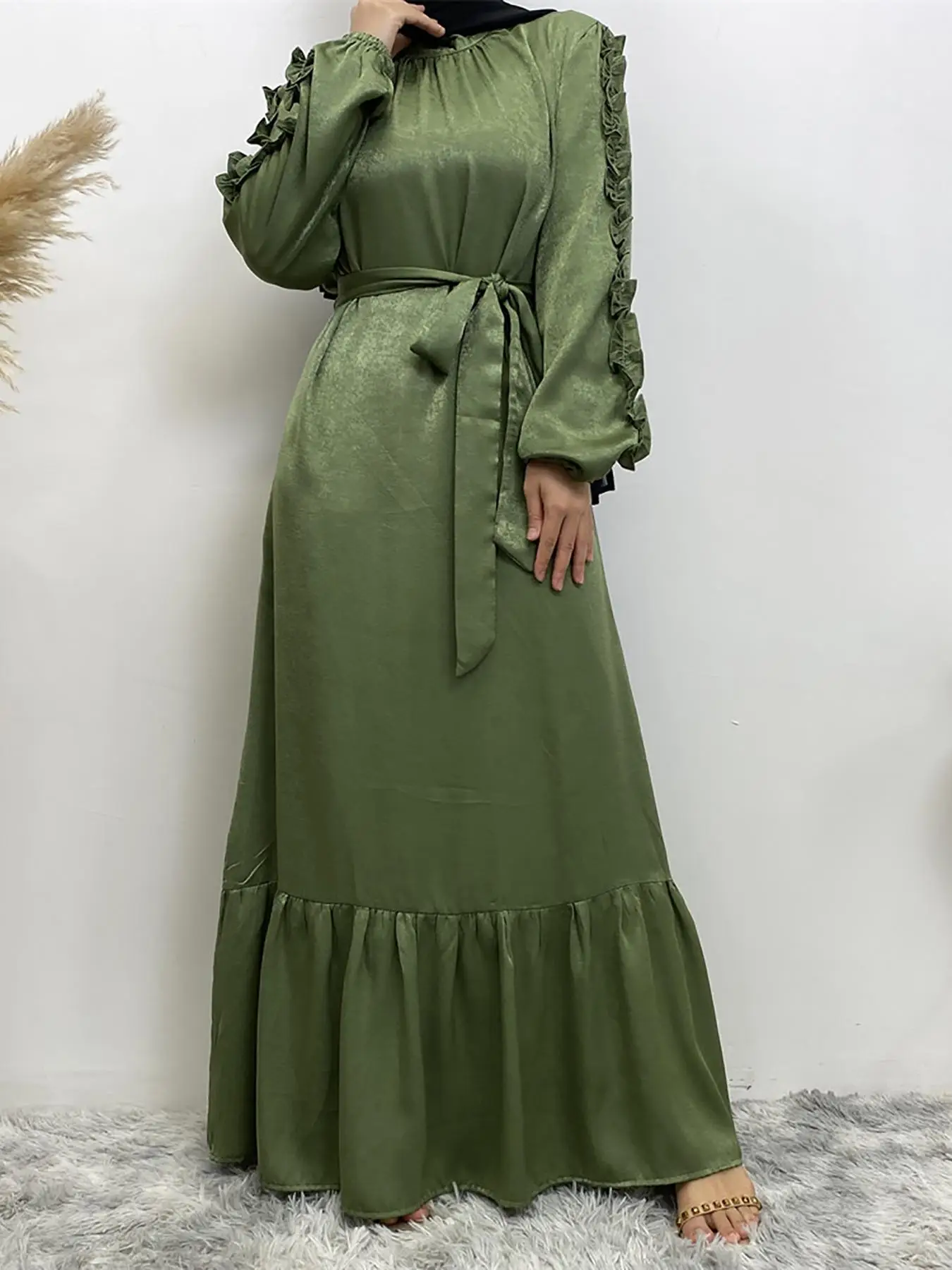 Women's Plain Frill Trim Belted Ruffle Hem A Line Dress, Elegant Bishop Sleeve Keyhole Neckline Long Dress for Party Holiday Wedding Guest, Ladies Sum