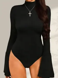 1 Count Women's Cozy Soft Warm Solid Color Bodysuit, High Neck Slim Fit Bell Sleeve Long Jumpsuit for Ladies, Versatile Comfortable Wardrobe Staple Tops, Womenswear, Idea for Home Leisure & Out Fashion Wear