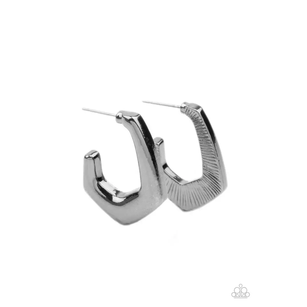 Women's Geometric Hook Hoop Earrings - Black, Gunmetal Standard Post, 3/4" Diameter, Daily Edgy Look Fashion Costume Jewelry Accessory