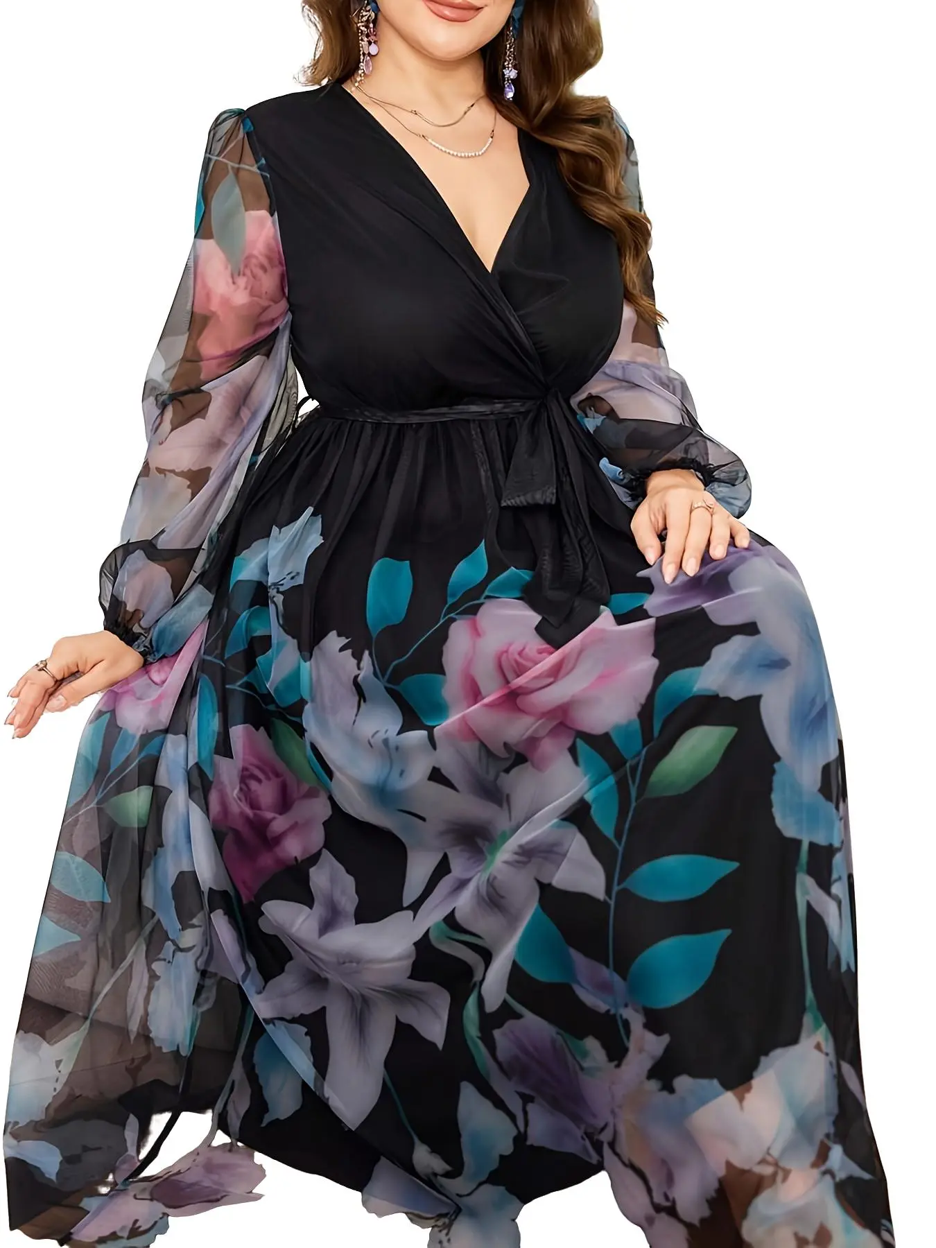 Plus Size Vintage Floral Mesh Long Dress, Elegant Romantic Chic Casual  Style with Bohemian Flare, Long Sleeve, All over Print, Womenswear, Women's  Fashion - TikTok Shop