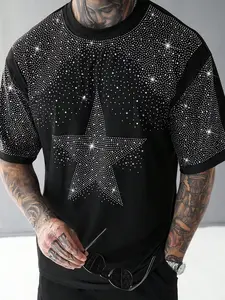 Men's Casual Oversize Short Sleeve T-Shirt, Rhinestone Design Streetwear, Perfect for Commuting, Daily Wear, Gifts, Menswear