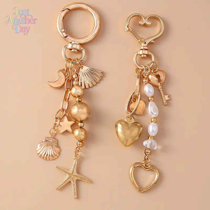 Creative Moon Star & Starfish Keychain Set, Gold-Tone Beaded & Pearl Heart Charm Key Rings, Fashionable Bag Hanging Ornaments