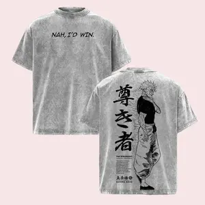 Gojo Satoru Shirt Jujutsu Kaisen Anime Tee “Nah, I’d Win” Gojo Graphic Back The Strongest Sorcerer Vintage Washed Oversized T-Shirt JJK Streetwear Gift for Anime Fans