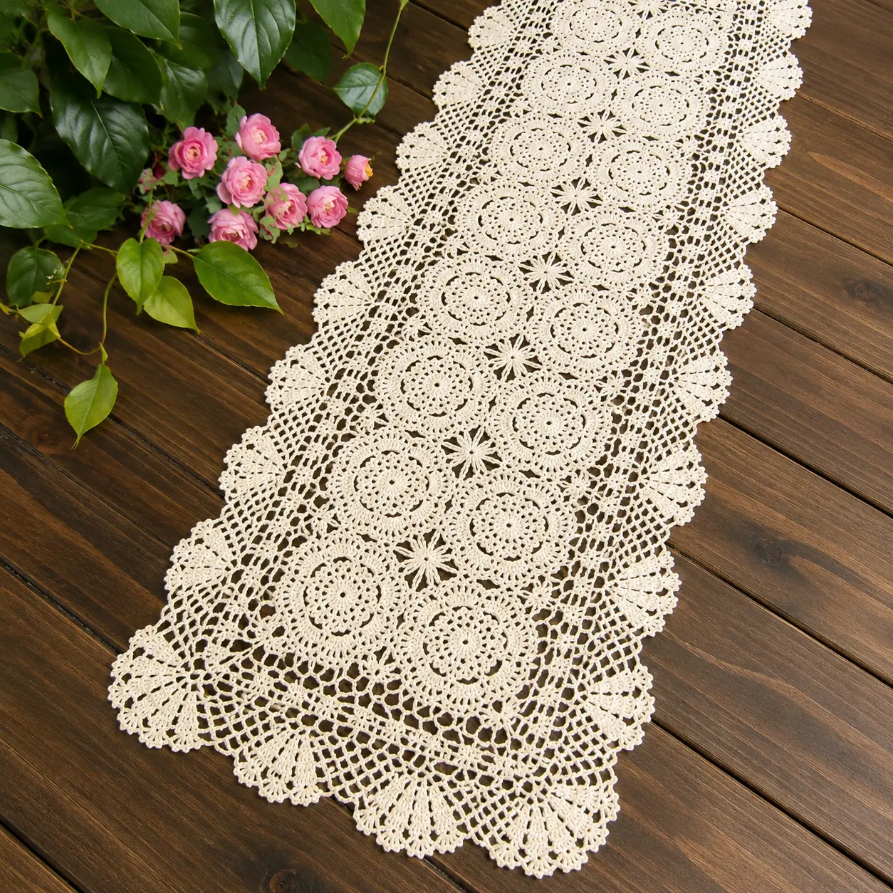 Handmade Crochet Lace Table Runner, 14 x 36 Inch Beige Cotton Rectangle Runner for Coffee Table, Dresser, Dining Table & Rustic Home Decor