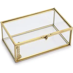 Vintage Glass Keepsake Box, Rectangle Jewelry Display Organizer Box Vanity Lidded Box Home Decor Accent Decorative Box for Storage Trinket Rings Bracelet