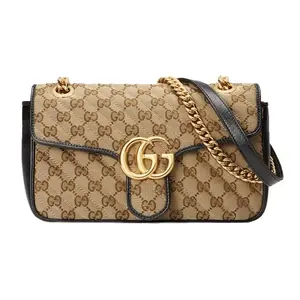 Gucci GG Marmont Small Shoulder Bag With Quilted Logo And Chain Strap In Ebony And Black For Women