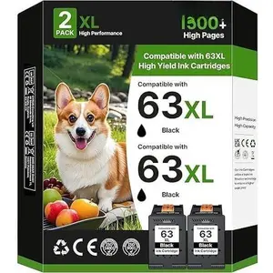 63XL Black Ink  for  Ink 63 Replacement for  63XL Ink Cartridges Combo Pack Work with  Officejet 4650 3830 5255 5258 5200 Envy 4520 4512 Deskjet 3634 3630 1112 Series, 2-Pack | F6U62AN