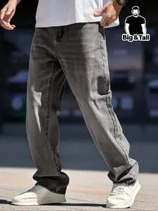 Men's casual-style Streetwear fashion gray plus-size Denim jeans, with a loose wide-leg fit. They are comfortable and versatile men's jeans with pockets, suitable for men's daily wear in all seasons.