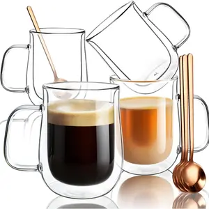Double Walled Glass Coffee Mugs 16 OZ Borosilicate Glass Coffee Cups Set of 4 with Spoons Insulated Clear Coffee Mug for Hot Beverages Cappuccino Latte Tea Bag