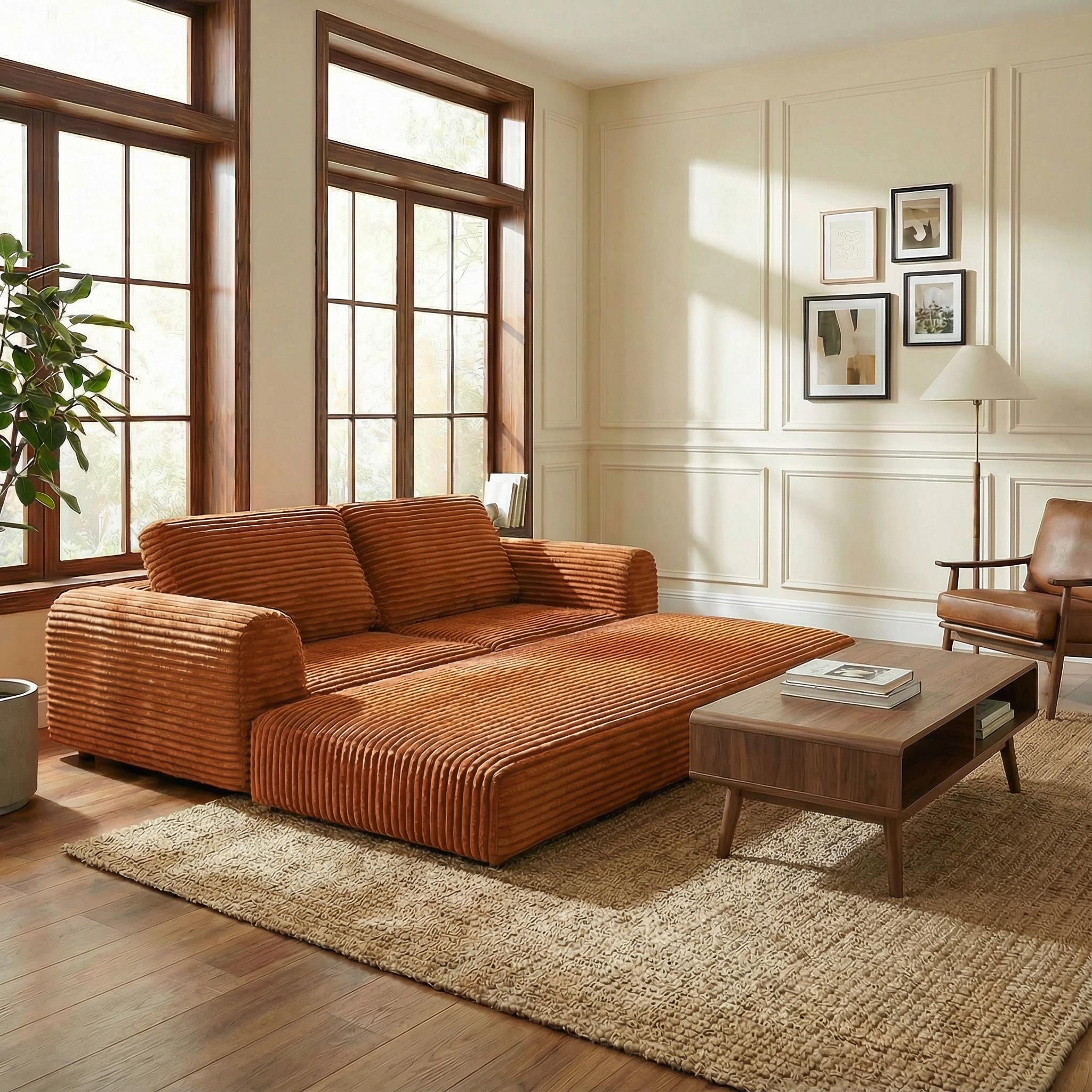 Convertible Sofa Bed, Corduroy Futon Couch Sleeper with Pull-Out Bed & Pillows, Folding Modular Floor Sofa for Living Room Bedroom Apartment