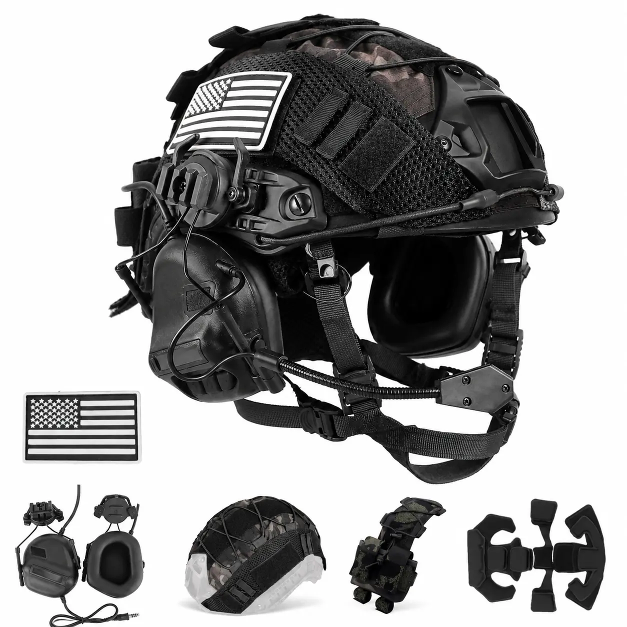 Tactical Headset Set with Adjustable Fast Helmet Rail Mount Mesh Cover Outdoor Training Gear Kit