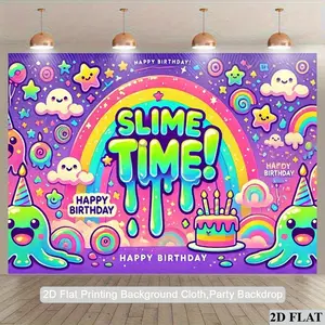 Slime Time! Birthday Party Backdrop - Polyester Photography Banner with Slime-Themed Decorations, Rainbow, Balloons & Confetti, Indoor/Outdoor Use for Studio, Festive Gatherings & Celebrations, Birthday Party Decorations, Ornaments White
