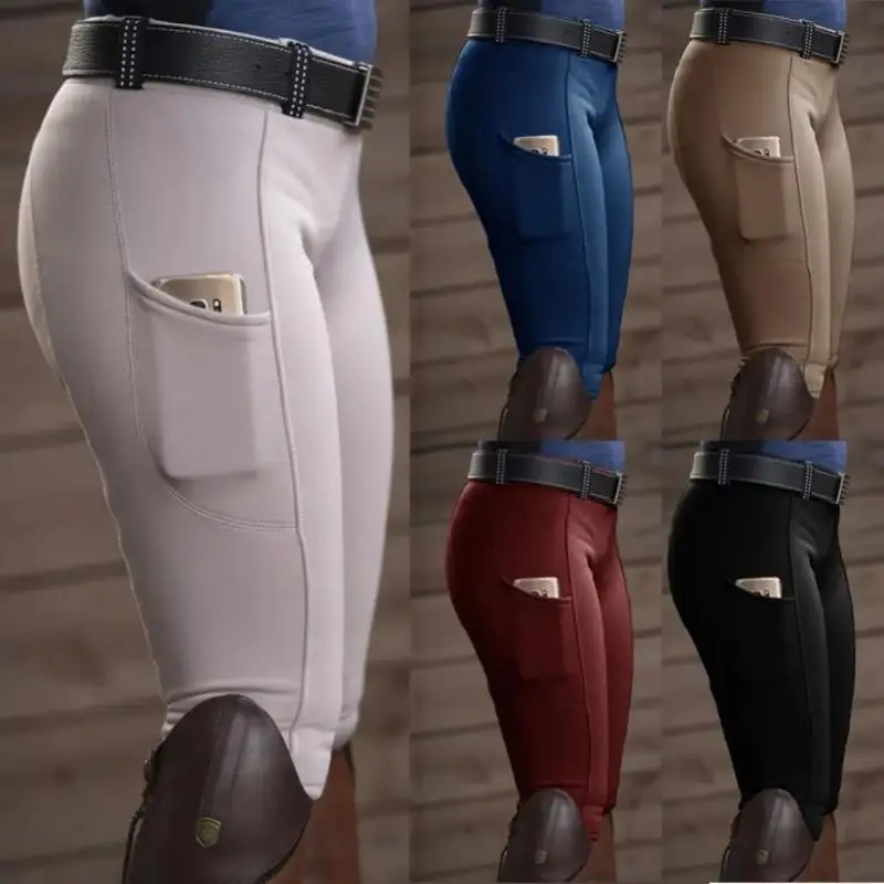 Women's High Waist Equestrian Breeches - Elastic Skinny Fit Nylon Pants with Hip Lift and Pockets for Horse Riding, Trouser
