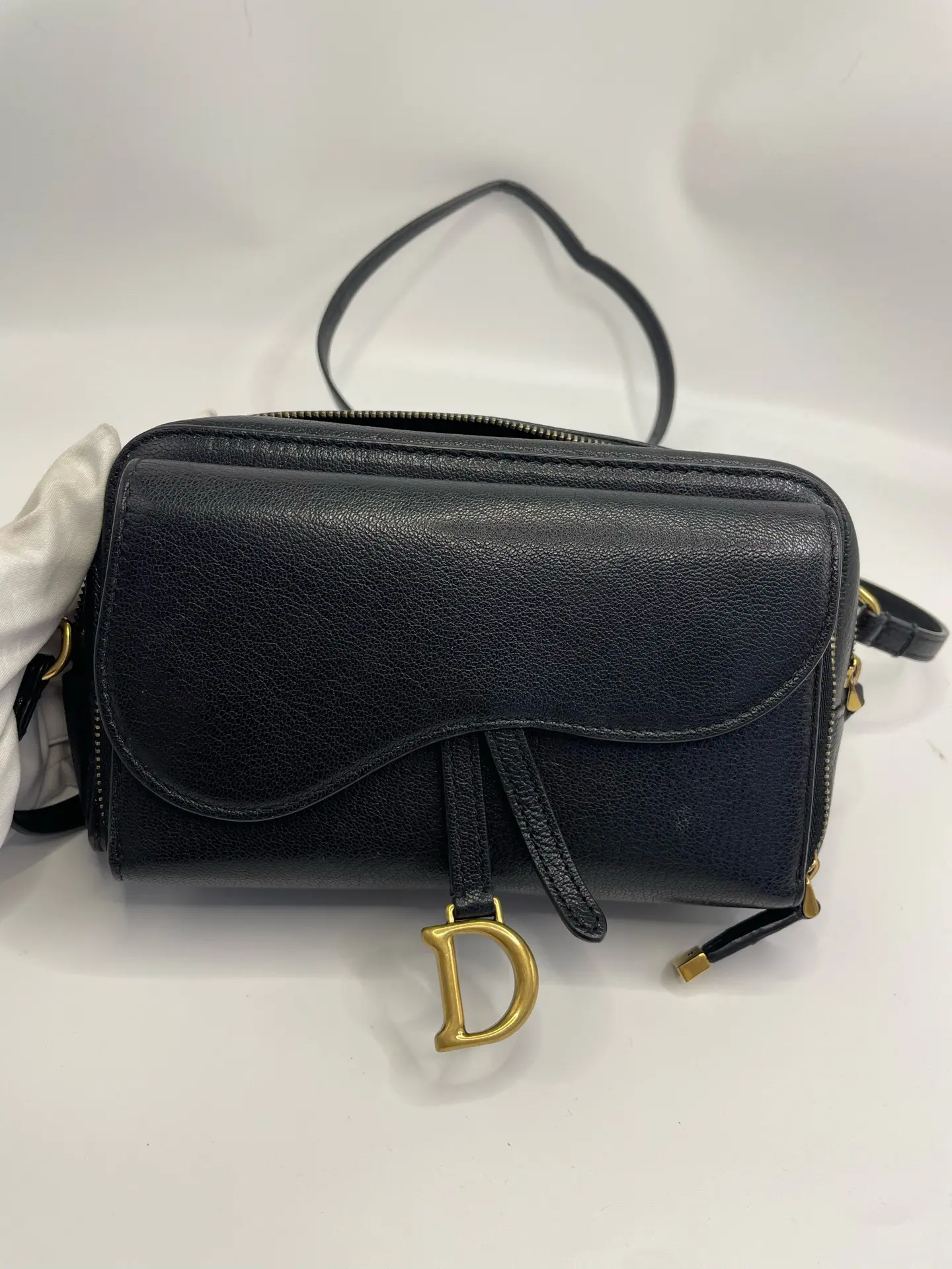 Pre-owned Dior Saddle Camera Crossbody Bag Black Calfskin Black Purse, 2021 Code, 98% New