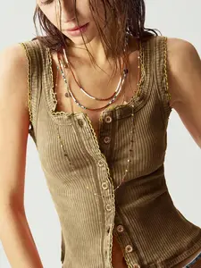 Bohemela Boho Feels Plain Knitted Crop Halter Top For Women, Casual & Figure-Flattering Khaki Earthy Western Earthy Clothes Women Button Front Boho Style