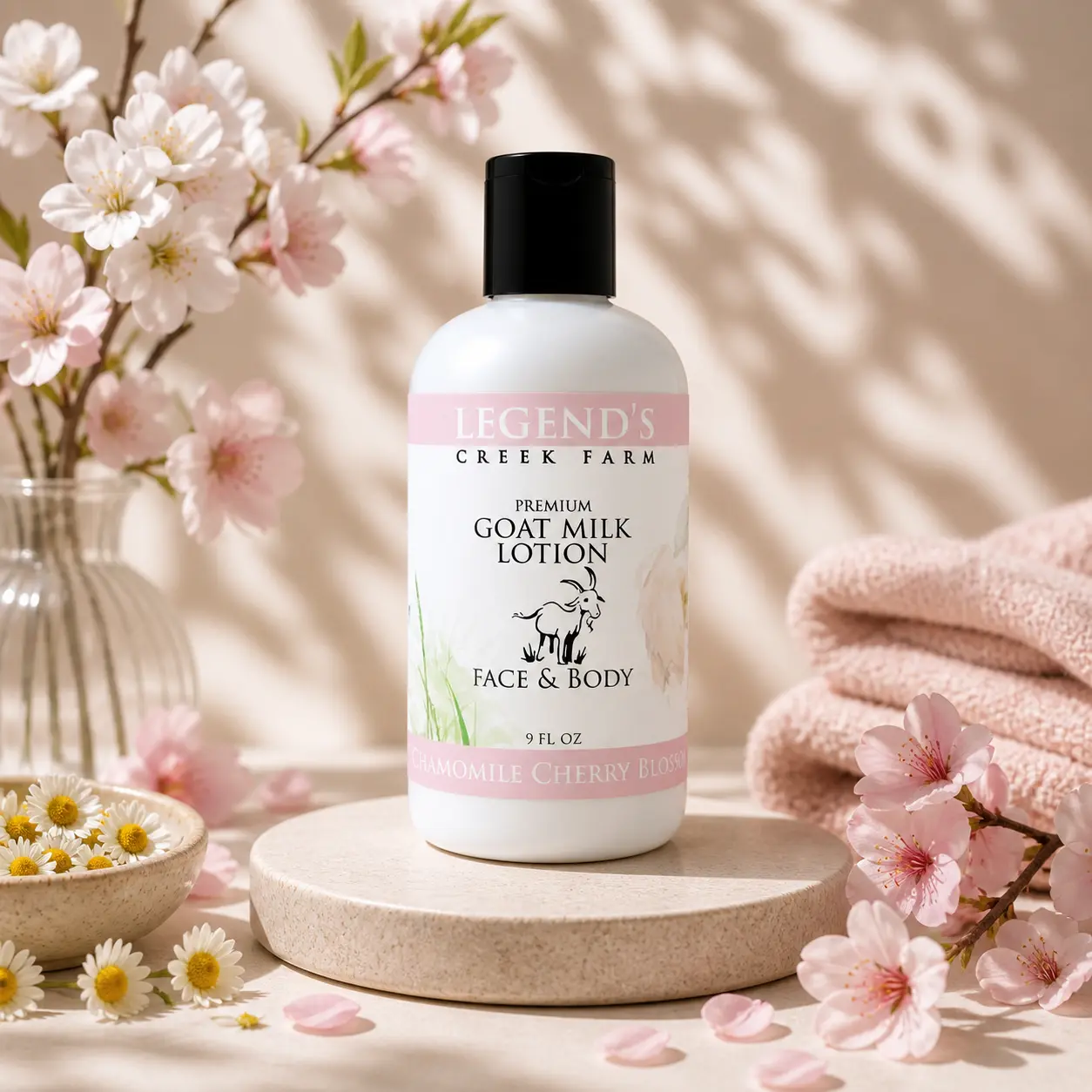 Chamomile, Cherry Blossom & Goat Milk Body Moisturizer with Coconut, Sunflower Extracts - Hydrating Body Care Cosmetic Lotion