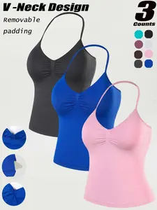 Women's Seamless Halter Sports Bra, Detachable Pads, High Stretch Fitness Top, Yoga Vest, Casual All-Season Wear, Plain Design, Seamless Vneck Bra