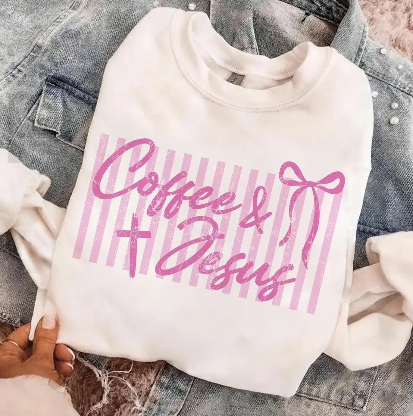 Coquette Coffee and Jesus Sweatshirt, Retro Christian Sweater, Pink Stripes Coffee Jesus Crewneck, Religious Bow Sweater