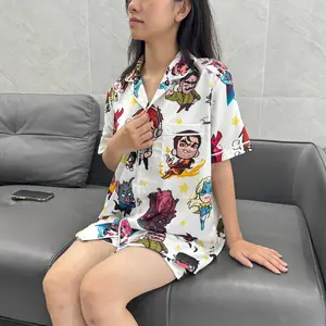 Funny Game Characters Satin Pajama Set, Vintage Anime Fan Sleepwear, Unique Characters Print Loungewear