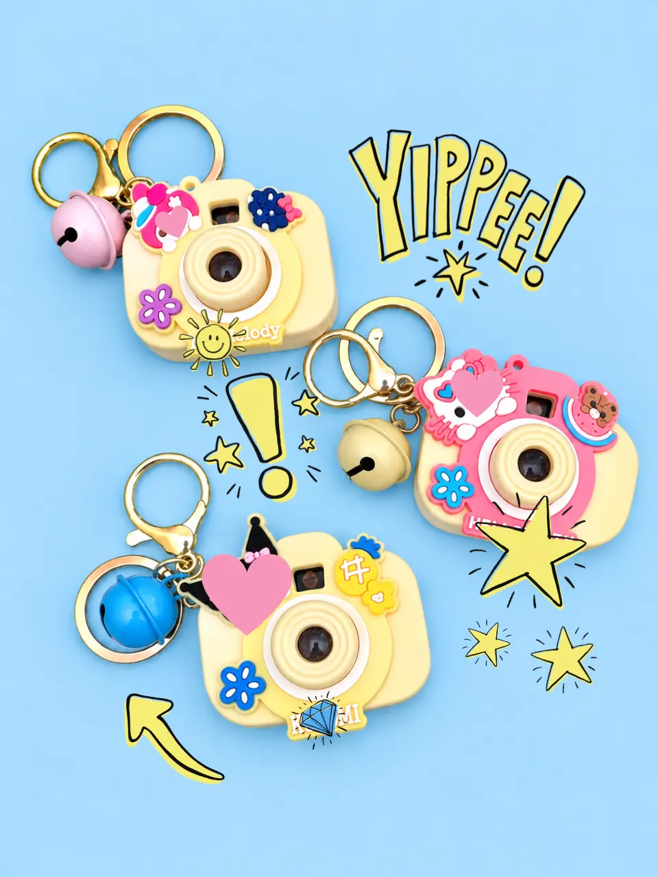 Cartoon Butter Yellow Interactive Mini Camera Keychain with Light & Sound Effect | Y2K Kawaii Pastel Yellow Toy Camera Charm with Jingle Bell | Cute Aesthetic Backpack Keyring Accessory & Gift