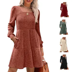 WIHOLL Womens Square Neck Long Sleeve Fall Dresses Casual Babydoll Sweater Dress