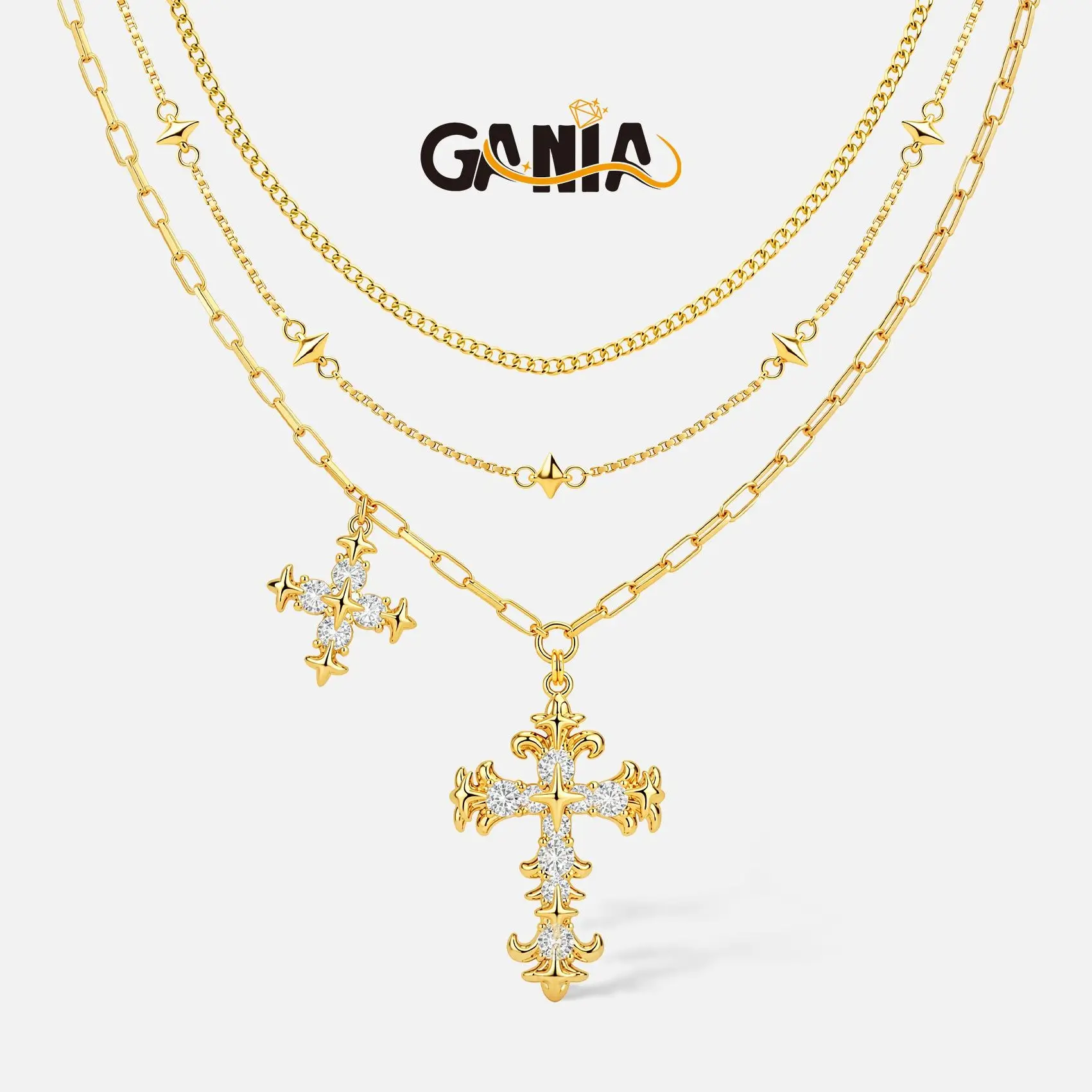 GANIA 18K gold-plated multi-layer cross iris flower necklace, three-in-one layered design, paired with a cross pendant, hypoallergenic material, symbol of faith. Ideal gift for Christmas, birthday, and various festivals.