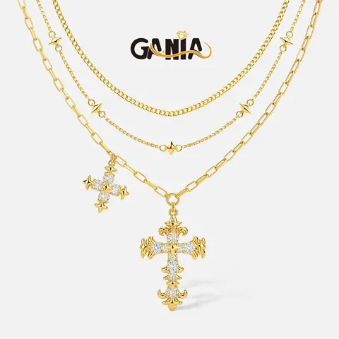 GANIA 18K gold-plated multi-layer cross iris flower necklace, three-in-one layered design, paired with a cross pendant, hypoallergenic material, symbol of faith. Ideal gift for Christmas, birthday, and various festivals.