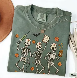 Comfort Colors Dancing Skeleton Nurse Halloween Shirt, Funny Fall Medical Tee With Syringe, Clipboard & Pills, Spooky Season Nurse Life T-Shirt For Healthcare Workers