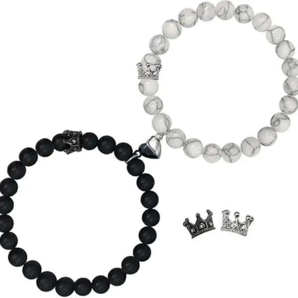TMANI King & Queen Bond Beads Bracelets Set - Heart-Matching Unisex Couple Bracelets for Long-Distance Relationships - 1st Anniversary Cute Gifts for BF, His and Hers Fashion Costume Jewelry