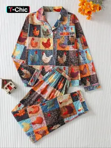 Easter Animal Chicken Print Long Sleeve Women's Pajama Set Loungewear, Button Front Top and Loose Comfortable Pants, Elegant Homewear