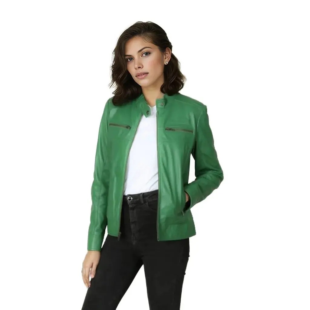 Olivia Women's Real Leather Biker Jacket Green