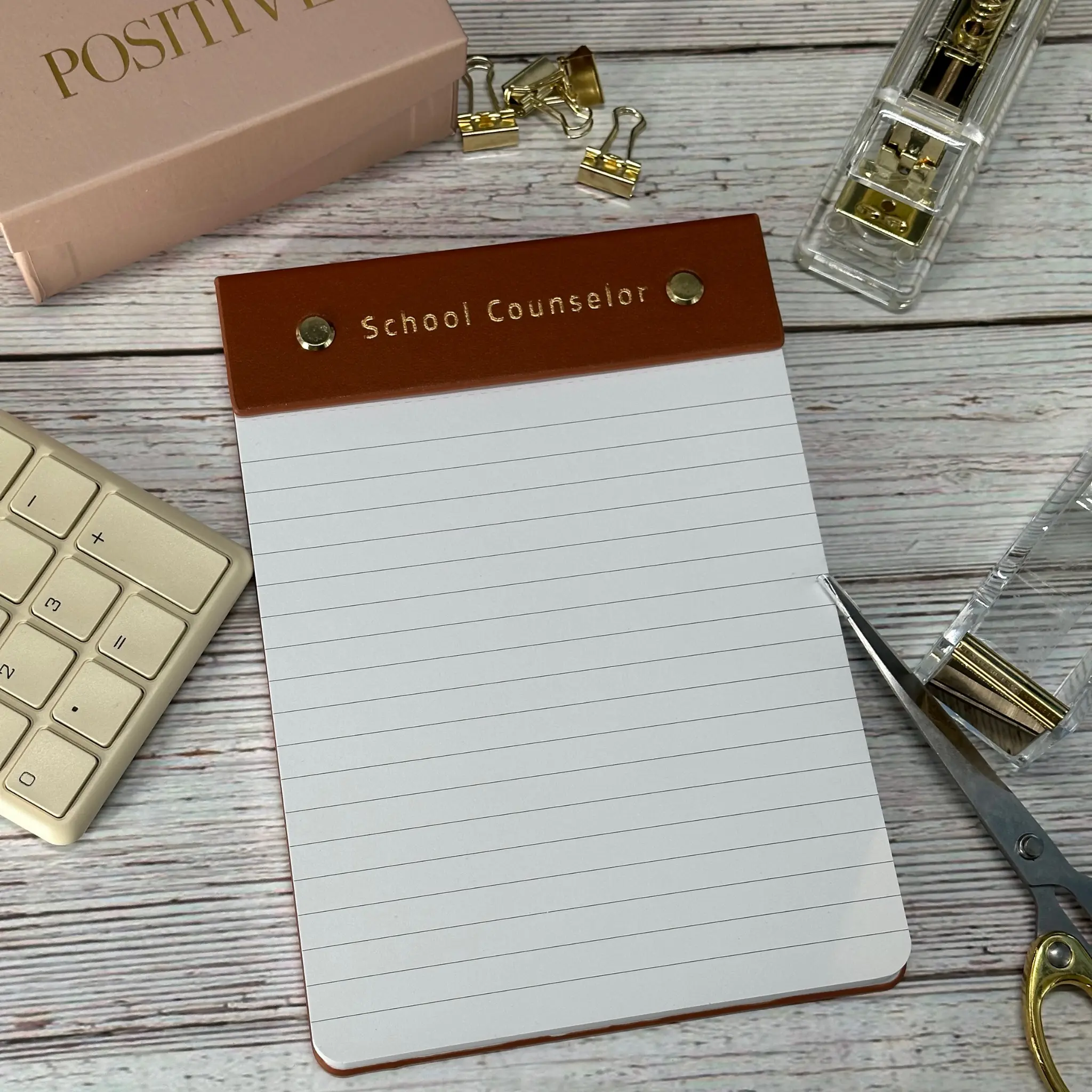 School Counselor Notepad Brown Faux Leather with Gold Detailing