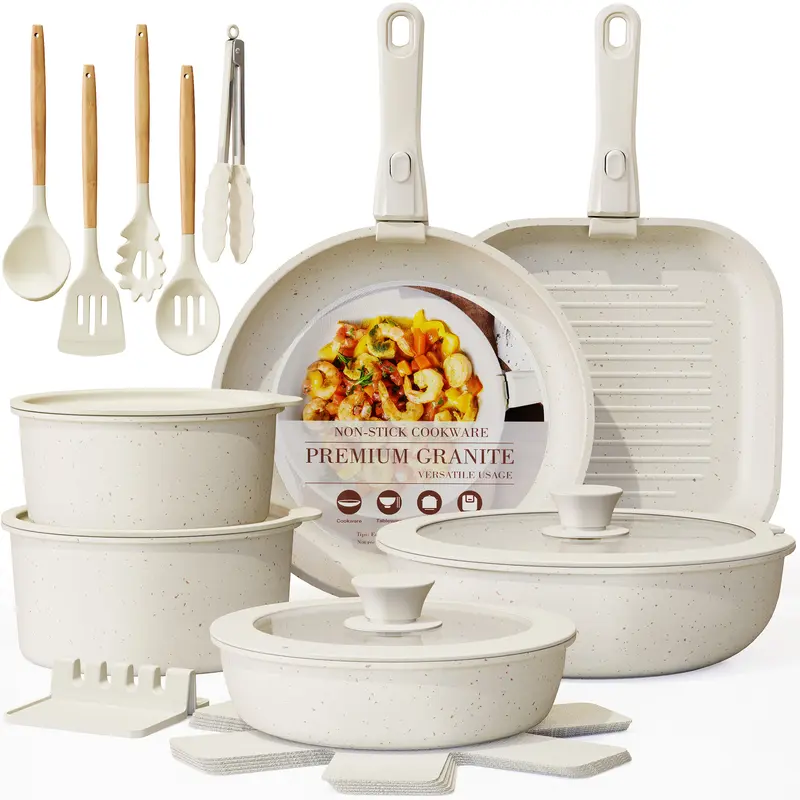 Astercook 22-Piece White Ceramic Non-Stick Stackable Pots and Pans Set - Aluminium Cookware Set with Detachable Handle, Induction Safe, Thermal, Steak-Ready Pan, Dishwasher Safe Practical Kitchen Supplies