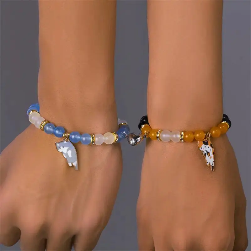 Couples Bracelets Set, 2-Piece Unisex Beaded Jewelry with Magnetic Heart Cat Charms, Meaningful Romance Gift in Blue and Yellow