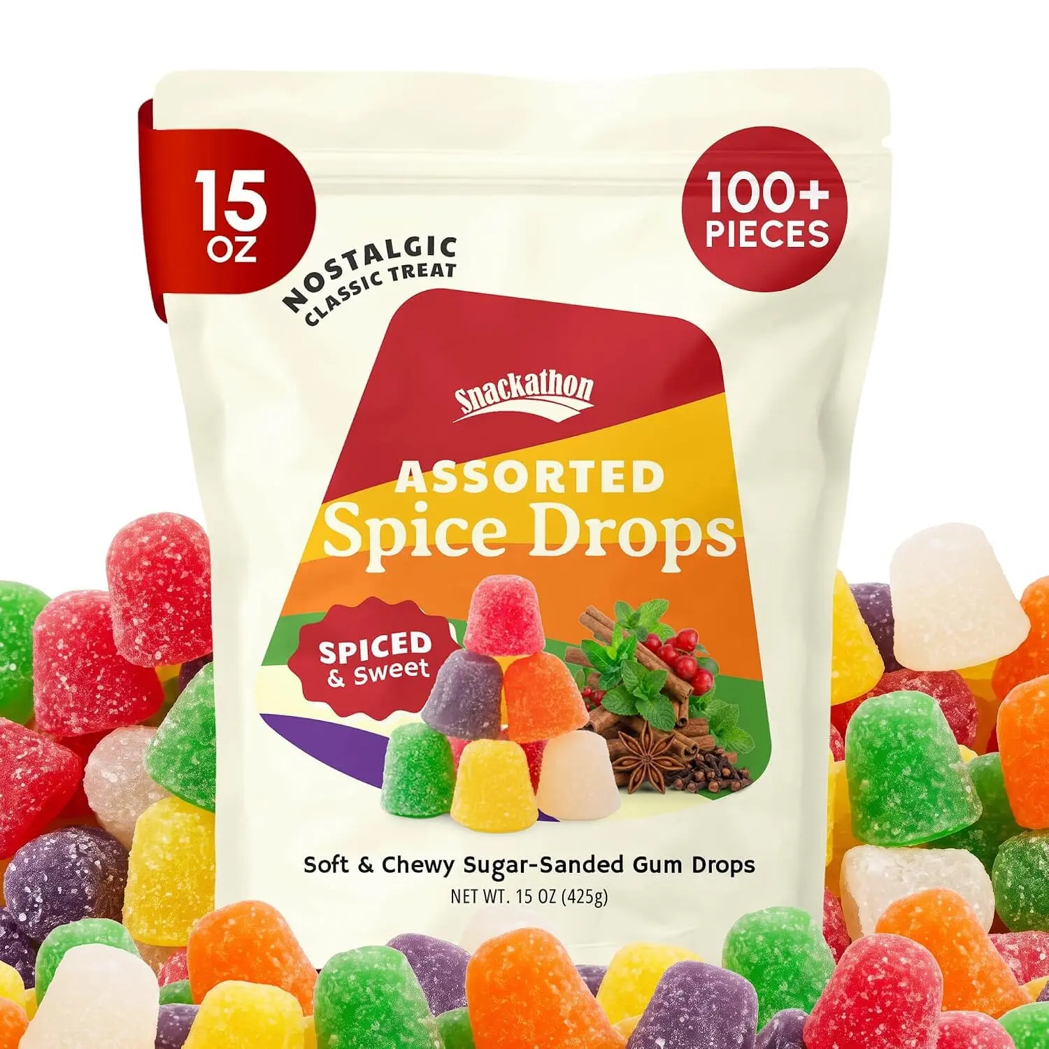 Snackathon Spice Drops, Soft & Chewy Assorted Spiced Gum Drops Candy, Resealable Bag, Old Fashioned Sugar-Sanded Jelly Gumdrops, 6 Assorted Flavors, Jelly Drops for Snacking & Sharing