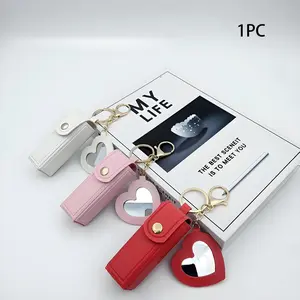 Portable Lip Balm Case Heart Mirror Lipstick Protector Leather Cover Cute Simple Keychain, 1 Piece, Essential Accessory, Keychain Attachment